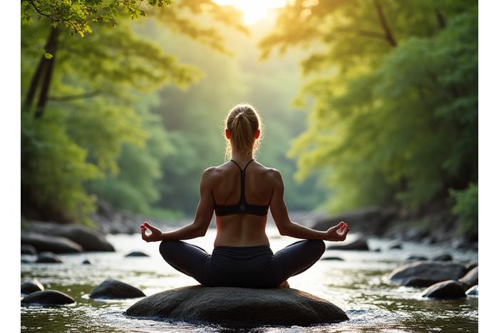 Scenic view of Asheville's Blue Ridge Mountains with a mindful adult practicing yoga, symbolizing connection to nature