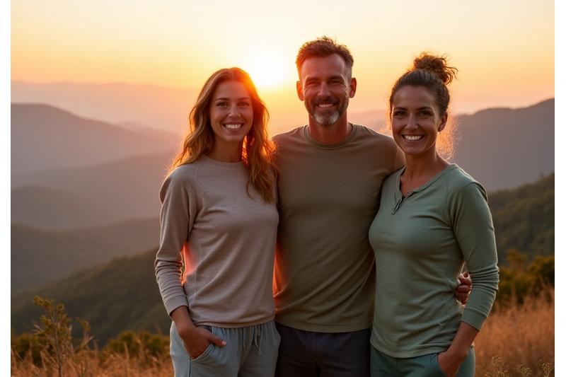 Founding Nectar Grove team smiling in front of Asheville mountains at sunrise, representing mission and vision