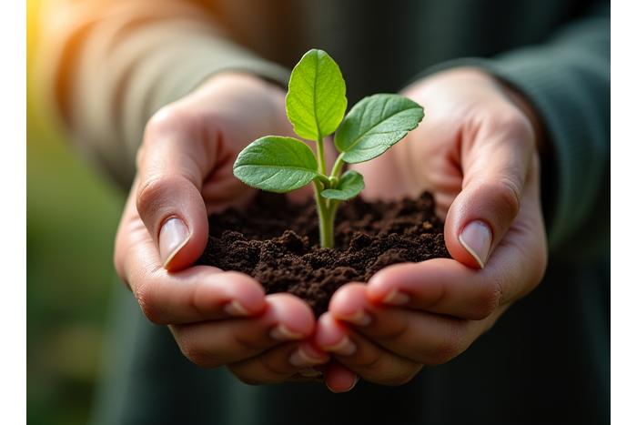 Hands gently holding a small plant growing in fertile soil, surrounded by a subtle digital network overlay, symbolizing sustainable growth and technology