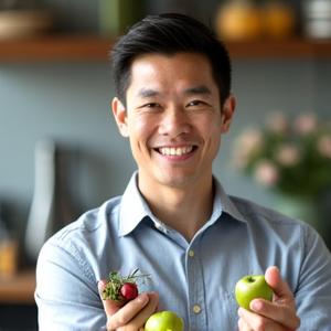 Dr. Kai Lin, Certified Clinical Nutritionist, holding fresh produce with a welcoming expression