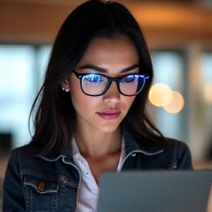 Sophie Rivera, Lead Software Engineer, thoughtfully working on a tablet with a subtle tech vibe