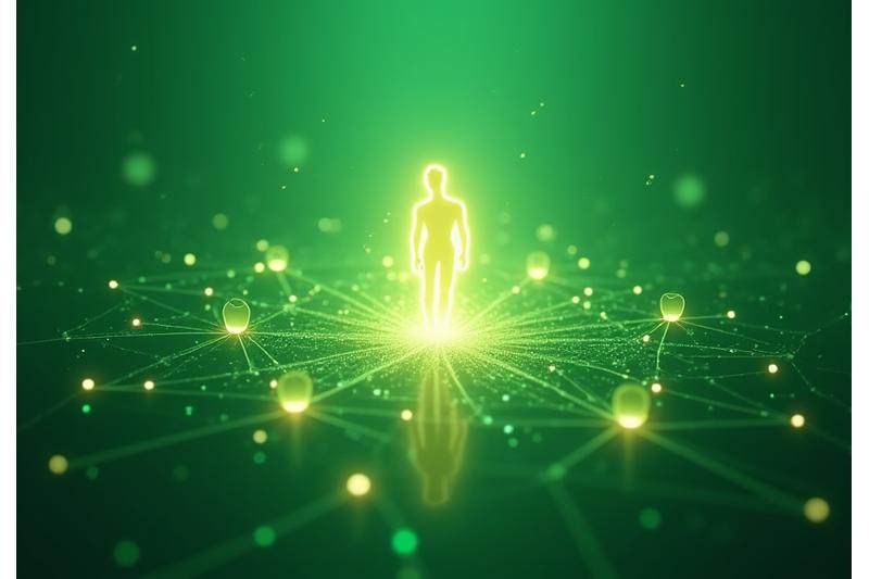 Abstract depiction of secure digital connections forming a protective network around a glowing human silhouette, symbolizing human-centric technology and privacy