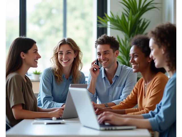 Nectar Grove support team smiling and interacting with customers via various digital devices, set in a bright, modern Asheville office.