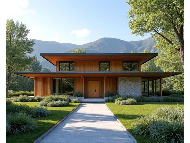 Modern, inviting office building exterior with natural wood accents and abundant greenery, representative of Nectar Grove's Asheville wellness center.