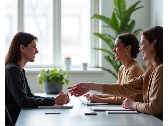 Two diverse professionals shaking hands across a table with wellness-related items, symbolizing successful partnership and collaboration against a modern, natural backdrop.