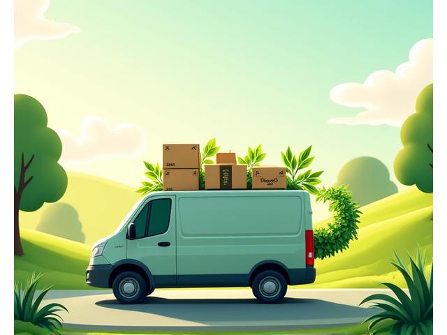 Illustration of a delivery truck with leaves growing from its exhaust pipe, surrounded by package boxes and lush greenery, symbolizing eco-friendly logistics