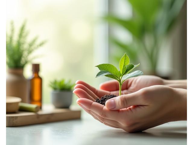 Hands cradling a vibrant green sprout against a backdrop of eco-friendly products, symbolizing earth-friendly wellness choices