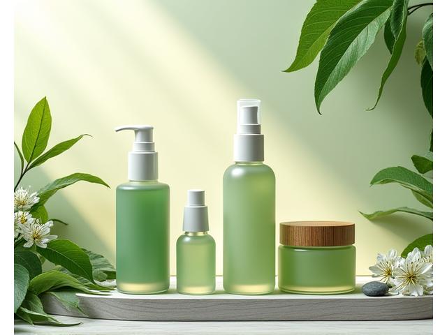 Organic skincare products in eco-friendly packaging, featuring beautiful glass bottles and natural ingredients like leaves and flowers, on a light wooden surface