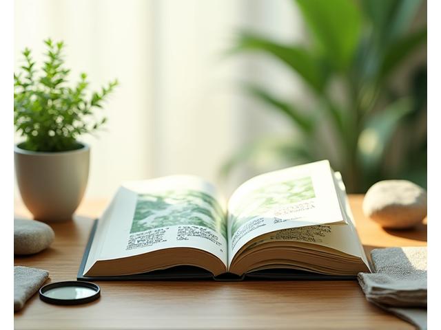 An open book on a wooden desk surrounded by natural elements like leaves and a small plant, with text about sustainable living and wellness, conveying a sense of learning and tranquility