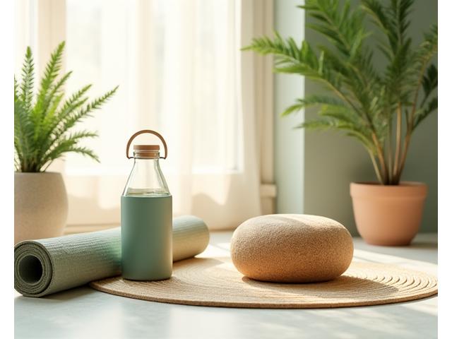 Eco-friendly yoga mat made from natural rubber, a cork meditation cushion, and a bamboo water bottle arranged neatly on a light-colored floor in a serene, sunlit room