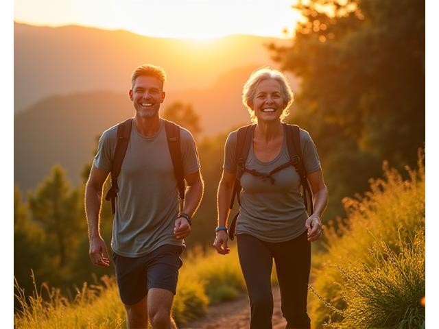 Two diverse adults, one man and one woman, both appearing vibrant and active, perhaps hiking in nature or engaged in a mindful activity, looking energetic and healthy. A subtle overlay of digital health data points or graphs hints at scientific tracking.