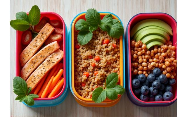 Vibrant, healthy meal prep containers filled with fresh, colorful ingredients like quinoa, grilled chicken, and various vegetables, showcasing organized nutrition.