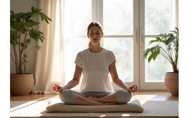 A serene image of an adult person meditating in a peaceful, minimalist room flooded with soft, natural light, emphasizing calmness and mindfulness.