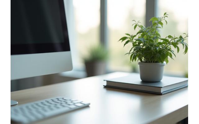 A tranquil desk space with soft light, symbolizing relief from workplace stress.