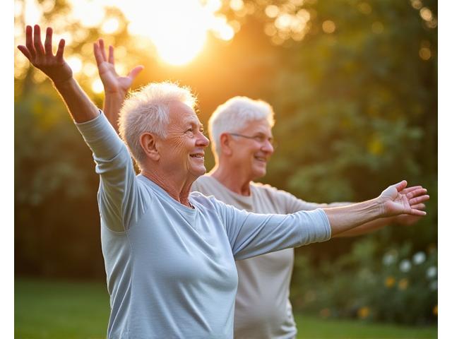 Couple doing gentle stretching and mobility exercises outdoors