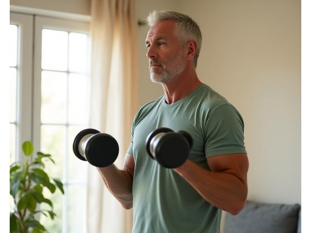 Man lifting light weights, focusing on form and strength