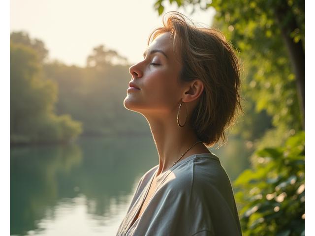 Person demonstrating deep breathing exercises outdoors