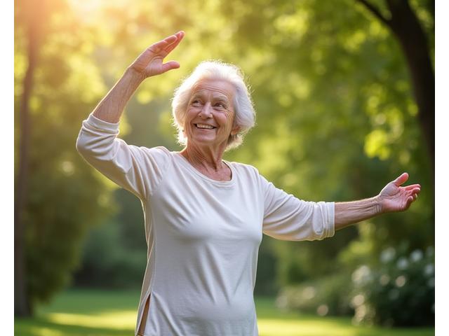 Gentle mindful movement with senior in natural setting