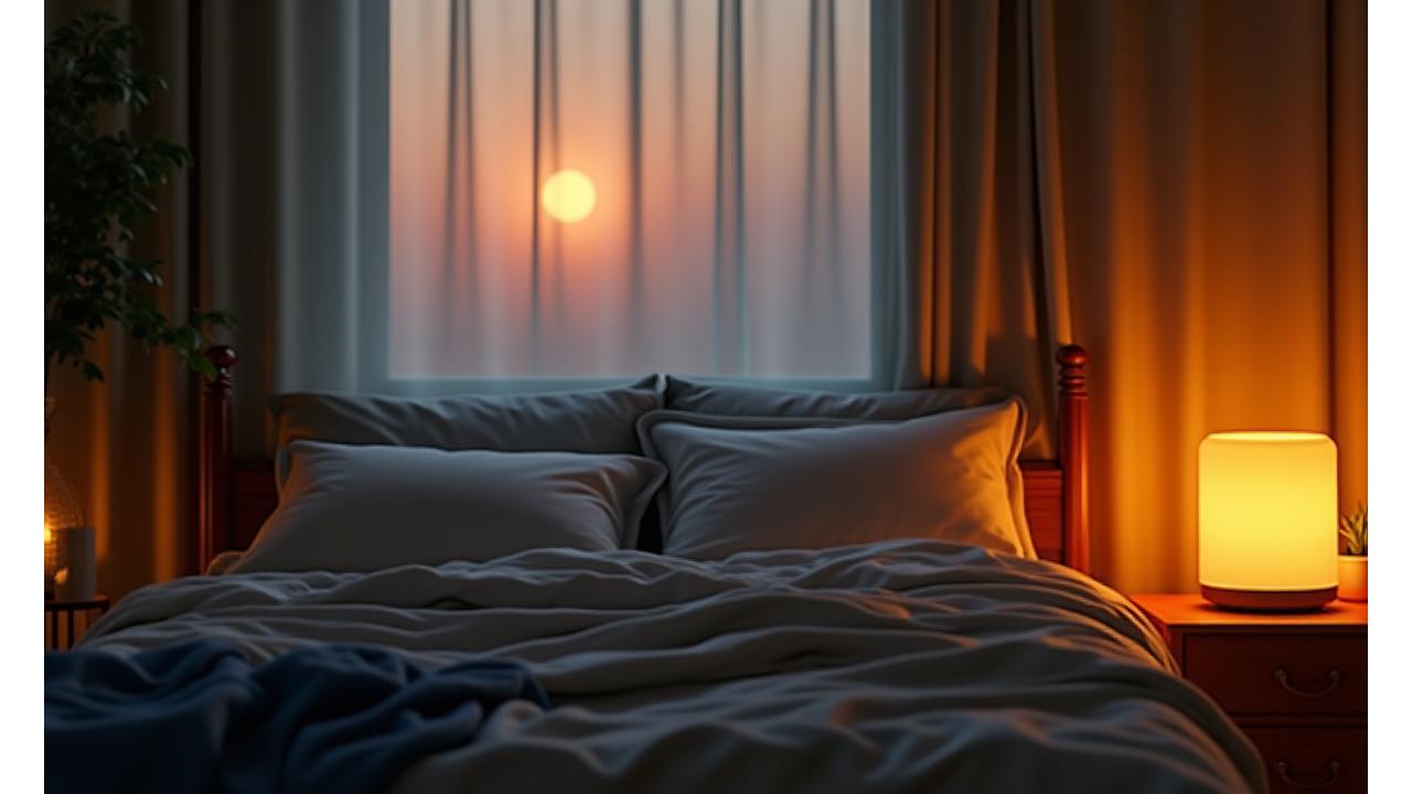 Serene bedroom scene with smart lighting and a mindful sleeper