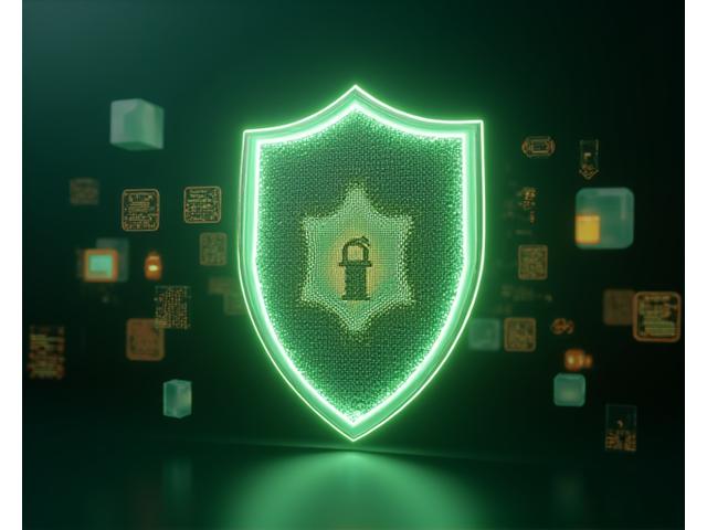 Abstract image of a glowing, translucent security shield protecting digital data, symbolizing Nectar Grove's robust data protection commitment, with subtle green and gold hues.