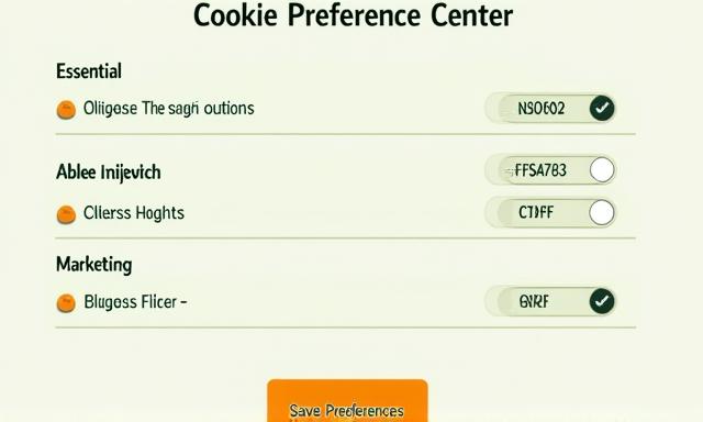 Digital interface showing cookie consent options with toggles for different cookie categories (Essential, Analytics, Marketing) and a 'Save Preferences' button, illustrating user control over tracking.