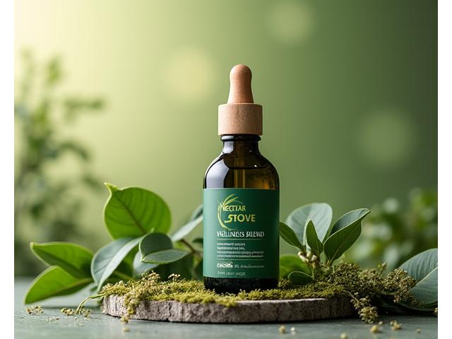 Nectar Grove's featured product of the month: a natural adaptogen blend bottle with calming green packaging, surrounded by soft lighting and natural elements like leaves.