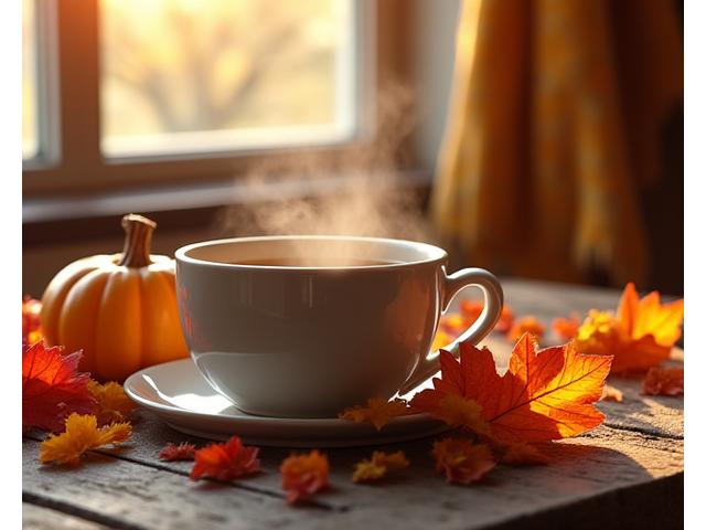 Cozy autumnal scene with warm beverage, blanket, and fallen leaves, symbolizing immune support and comfort.
