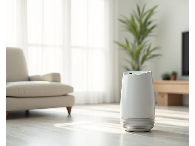Sleek, modern air purifier unit in a minimalist living room, with soft, clean light, suggesting improved environmental health.