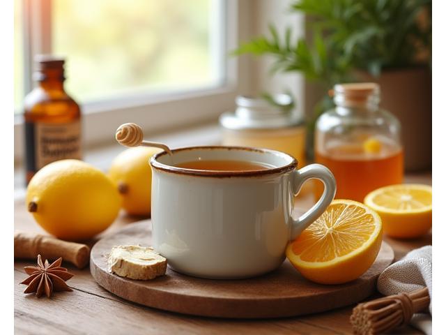 Seasonal fruits like oranges and berries, alongside a cozy mug and immune-boosting supplement bottles, suggesting seasonal health and cozy wellness.