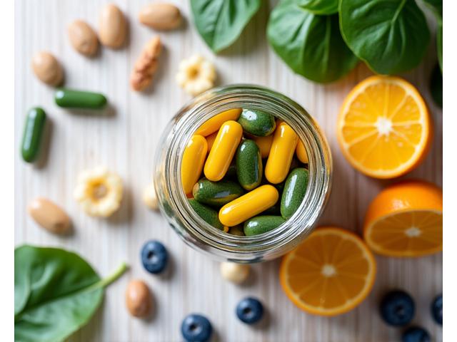 Assortment of vibrant vitamin and mineral capsules in clear bottles, with fresh fruits and vegetables in the background, signifying natural sources and health.