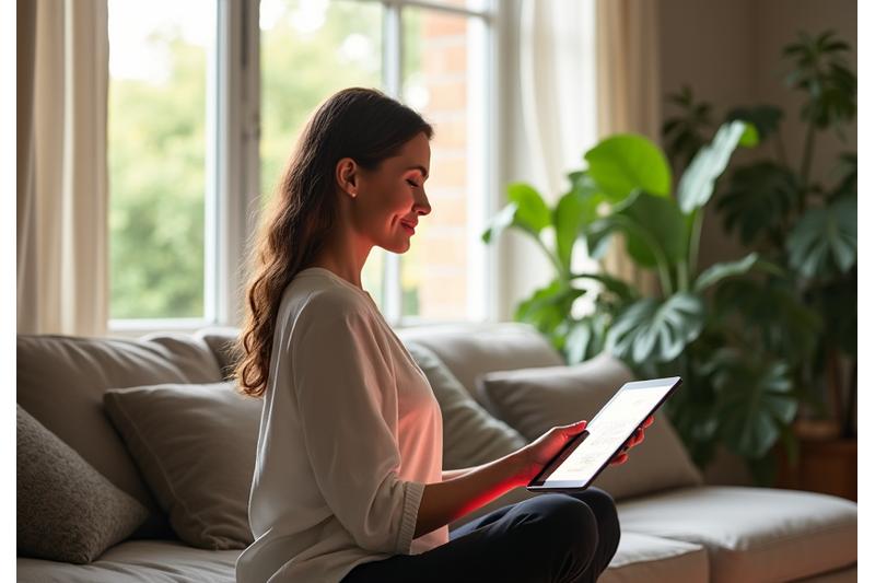 Woman participating in a virtual yoga class on a tablet, with a serene background in her living room.